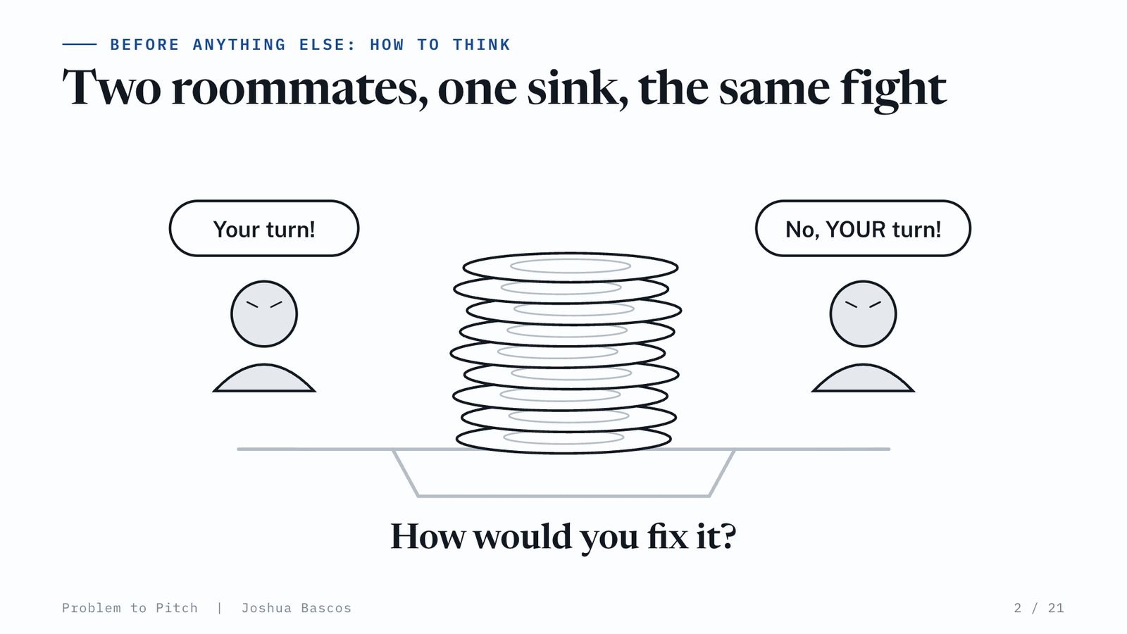 Two roommates arguing over a tall stack of dirty plates: Your turn! No, YOUR turn!