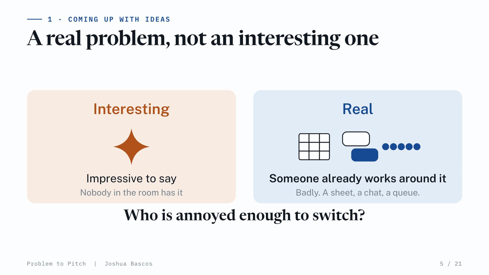Interesting: impressive to say, nobody in the room has it. Real: someone already works around it, badly. Who is annoyed enough to switch?