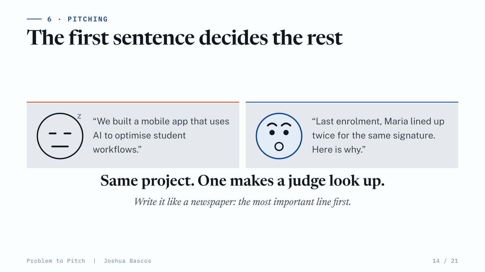 Two openers for the same project. A bored face: We built a mobile app that uses AI to optimise student workflows. A surprised face: Last enrolment, Maria lined up twice for the same signature. Here is why.