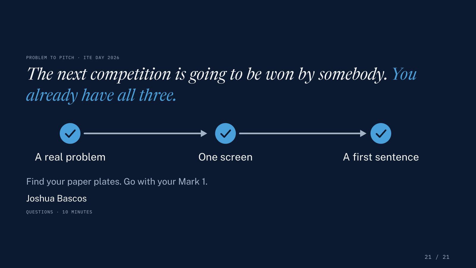 Closing slide: The next competition is going to be won by somebody. You already have all three: a real problem, one screen, a first sentence.